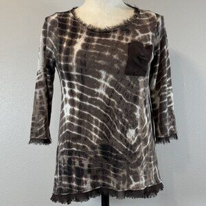 Coin 1804 Womens Brown Tie Dye 3/4 Sleeve Blouse Fringe Trim Sheer Panel Size S